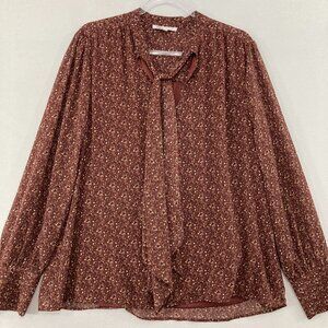 DR2 Blouse size XL Brown Ditsy Floral Tie Front Long Sleeve Preppy Elegant
